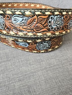 Hand-Tooled Brown Leather Belt with Light Blue Floral Accents